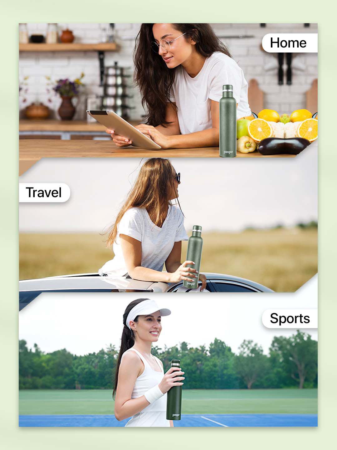 Pexpo Oreo Green ISI Certified Thermosteel Hot and Cold Flask Water Bottle 1000ml