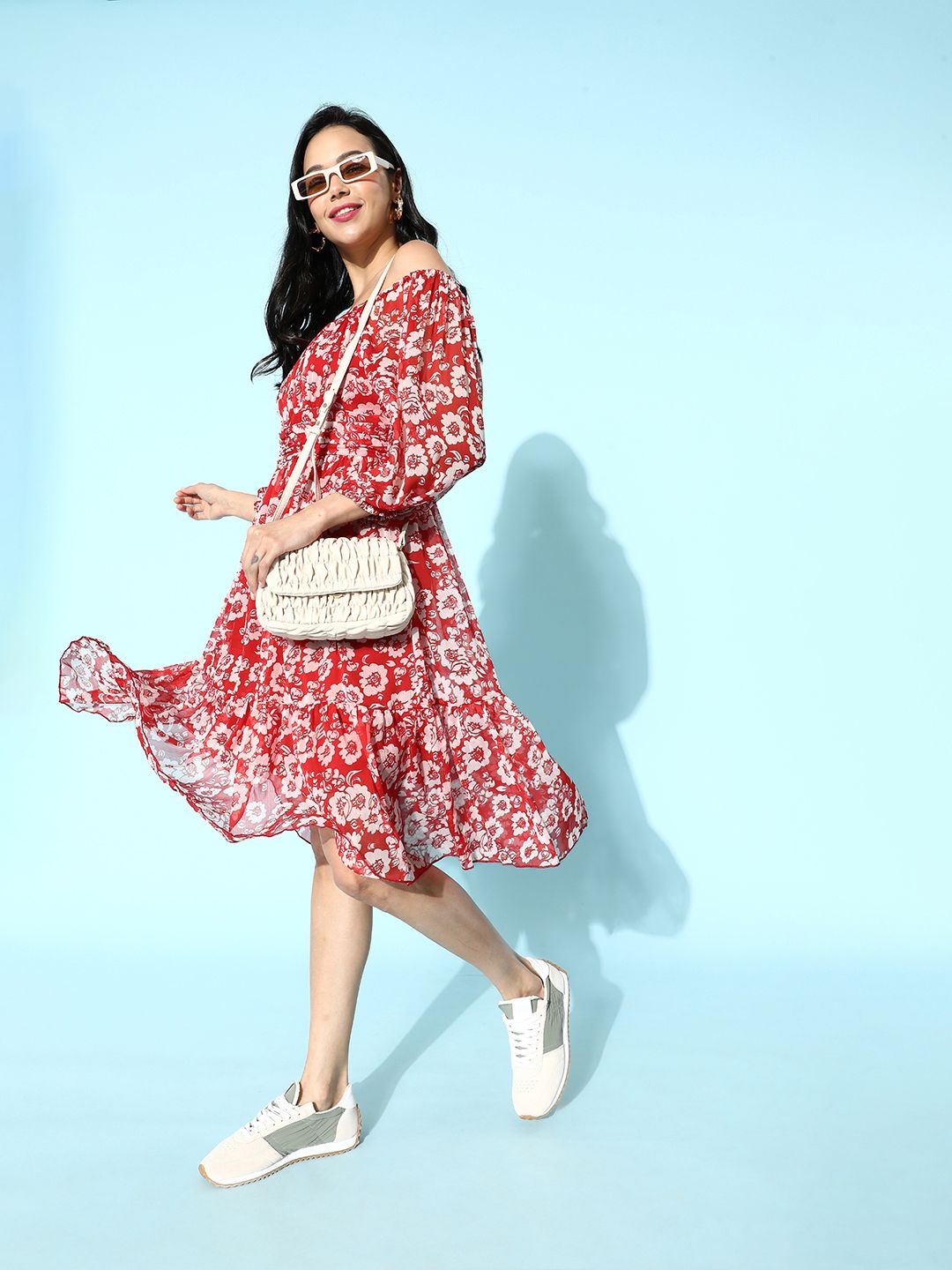 Antheaa Women Gorgeous Red Floral Cinched Waist Dress