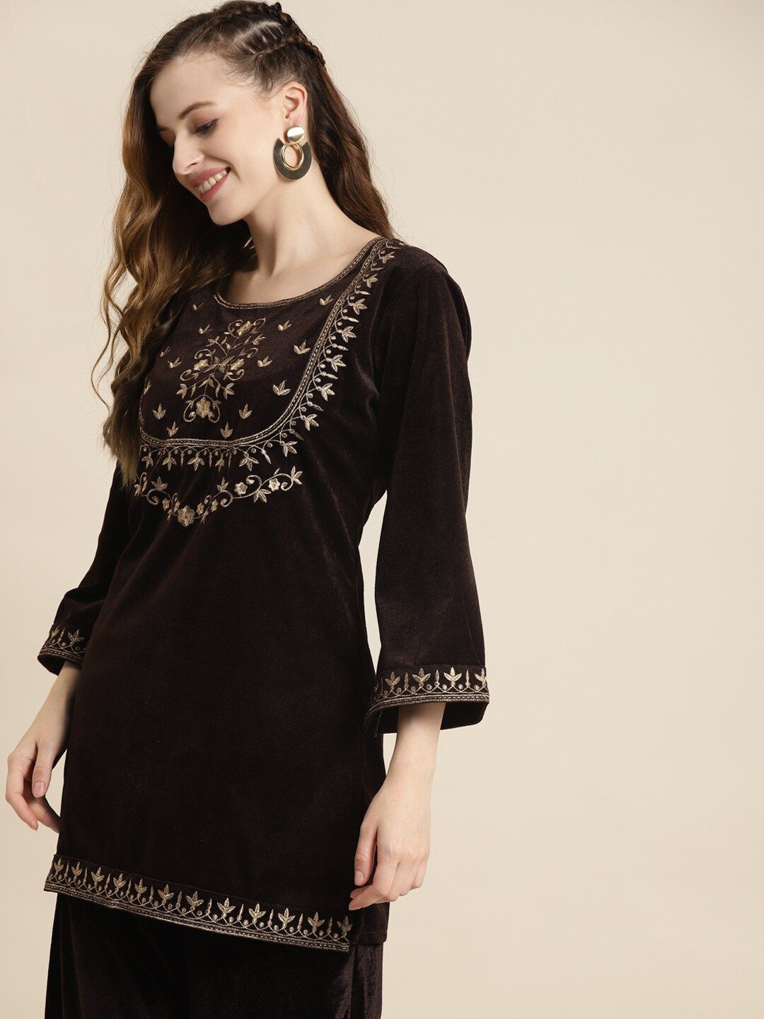 Shae by SASSAFRAS Women Brown & Golden Ethnic Motifs Embroidered Velvet Kurti