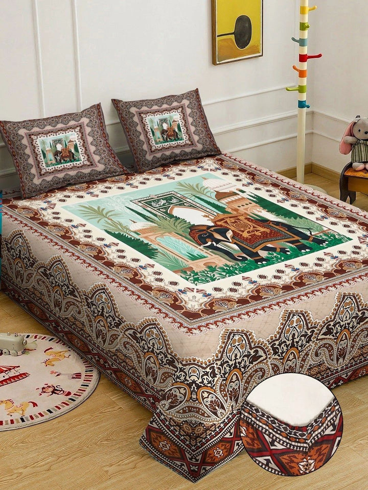 KLOTTHE Grey & Green Ethnic Motifs Printed Fitted 400 TC King 7D Bedsheet with 2 Pillow Covers