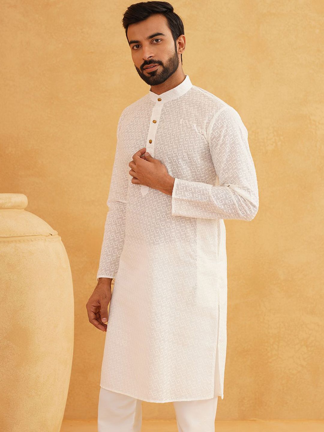 SOJANYA Motif Etnik Sulam Kolar Mandarin Benang Kerja Cotton Kurta With Churidar