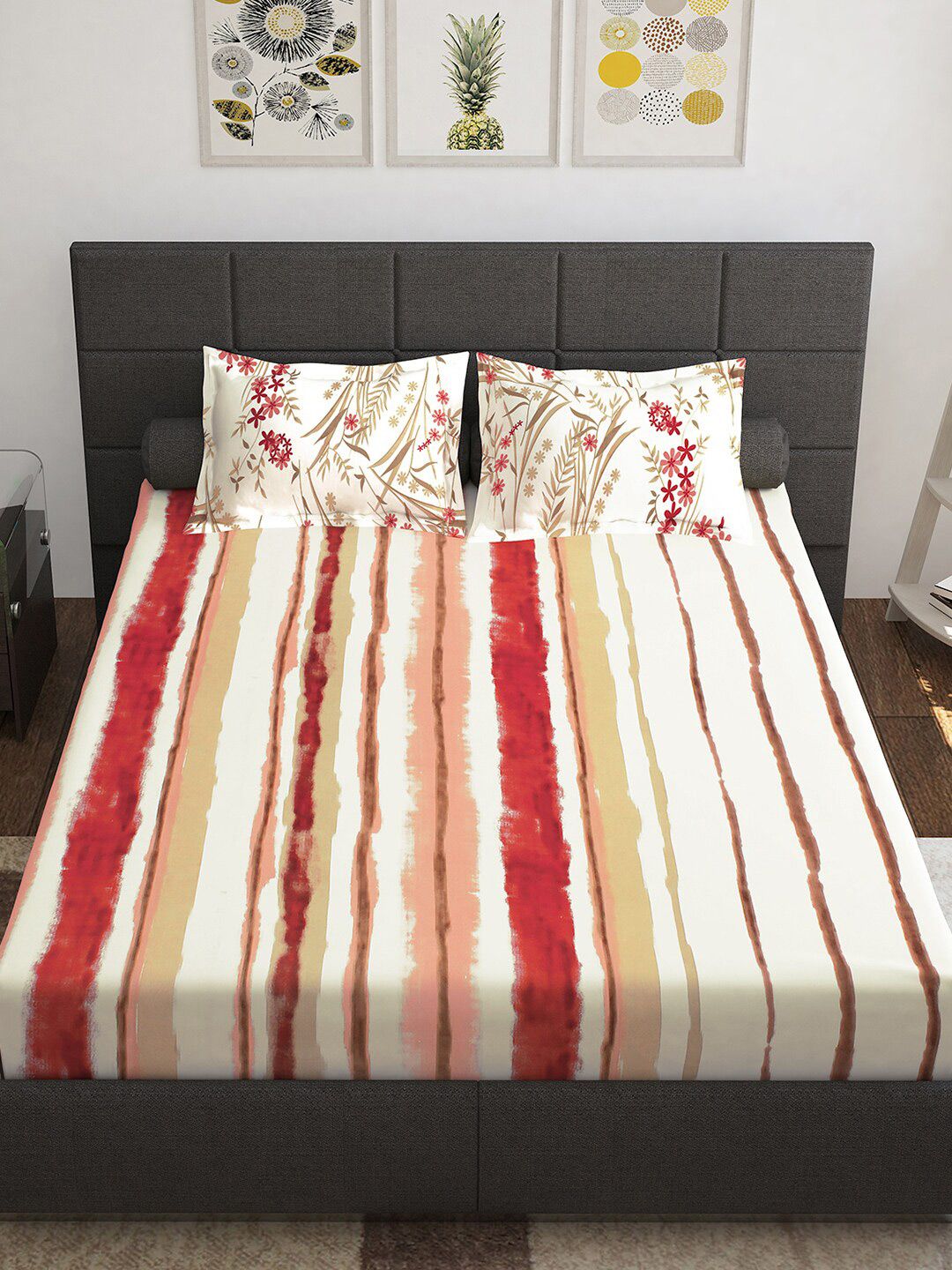 Story@home Red White Striped Cotton 144 TC Queen Bedsheet With 2 Pillow Covers