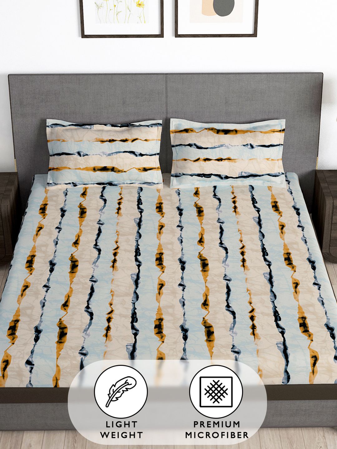 Story@home Beige & Grey 180 TC Abstract Queen Fitted Bedsheet With 2 Pillow Covers
