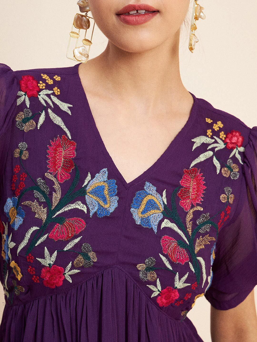 Antheaa Purple Floral Embroidered Empire A-Line Top With Palazzo