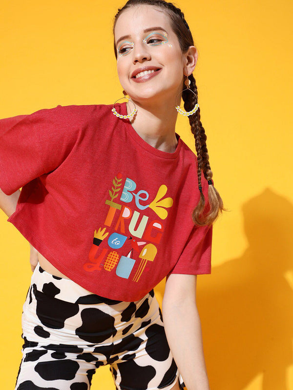 STREET 9 Women Red Printed Extended Sleeves Bio Finish Oversized  T-shirt