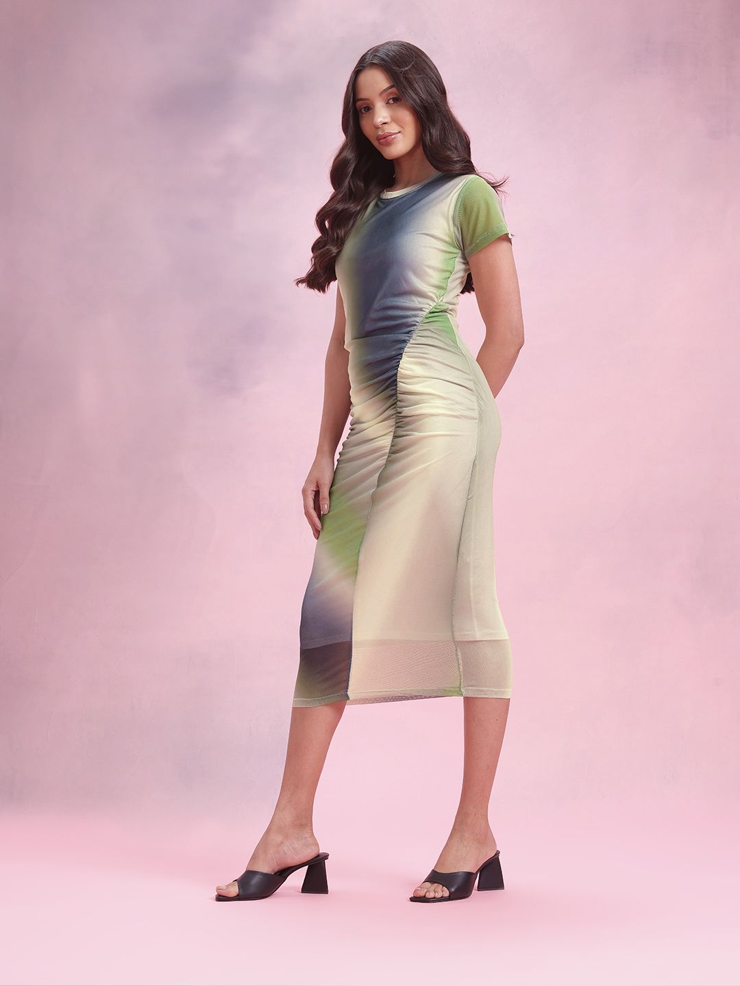 DressBerry Dyed Ruched Net Sheath Midi Dress