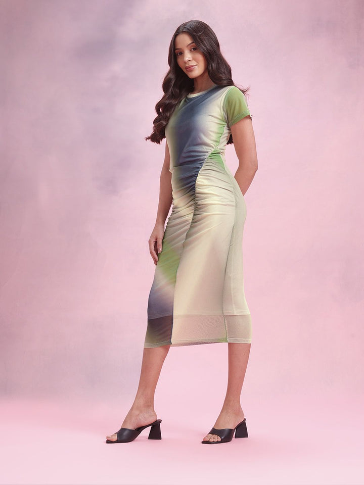 DressBerry Dyed Ruched Net Sheath Midi Dress