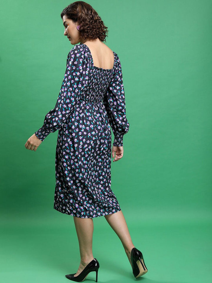 Tokyo Talkies Black Floral Print Puff Sleeve Fit & Flare Dress