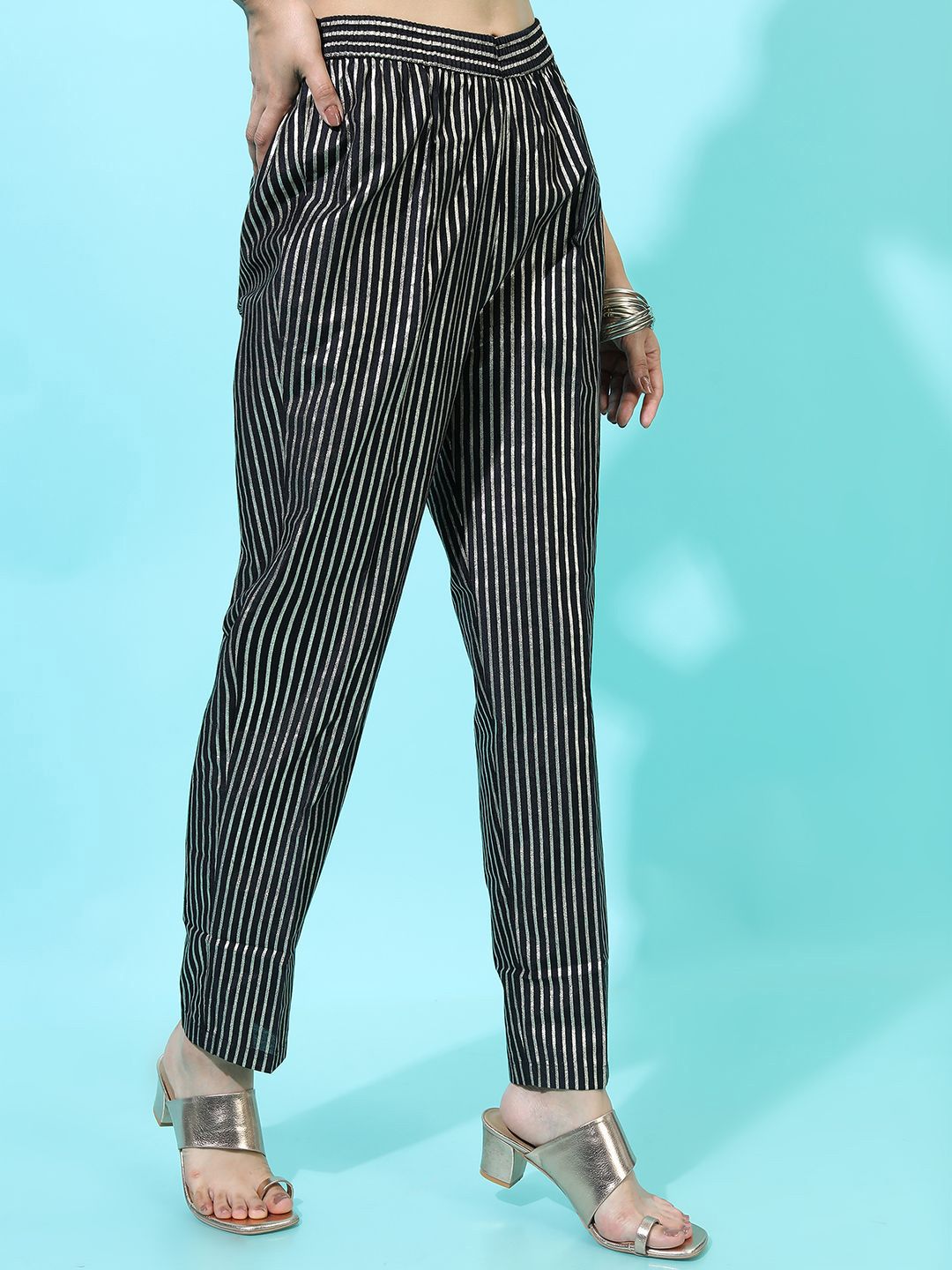 Vishudh  Women Black Striped Casual Trouser