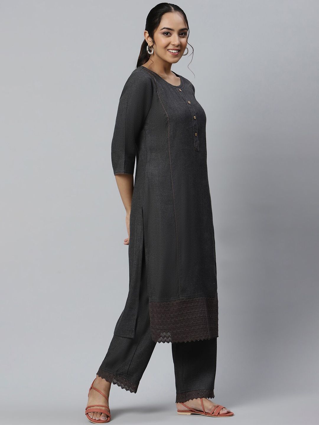 Aurelia Women Grey Solid Viscose Kurta Set with Palazzos