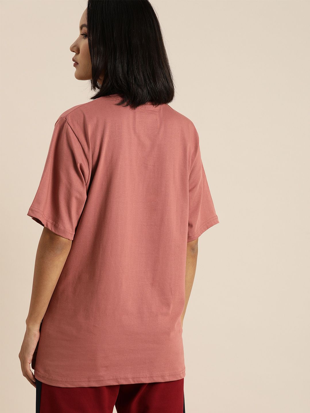 DILLINGER Women Rust Pink Printed Longline Oversized Cotton Pure Cotton T-shirt