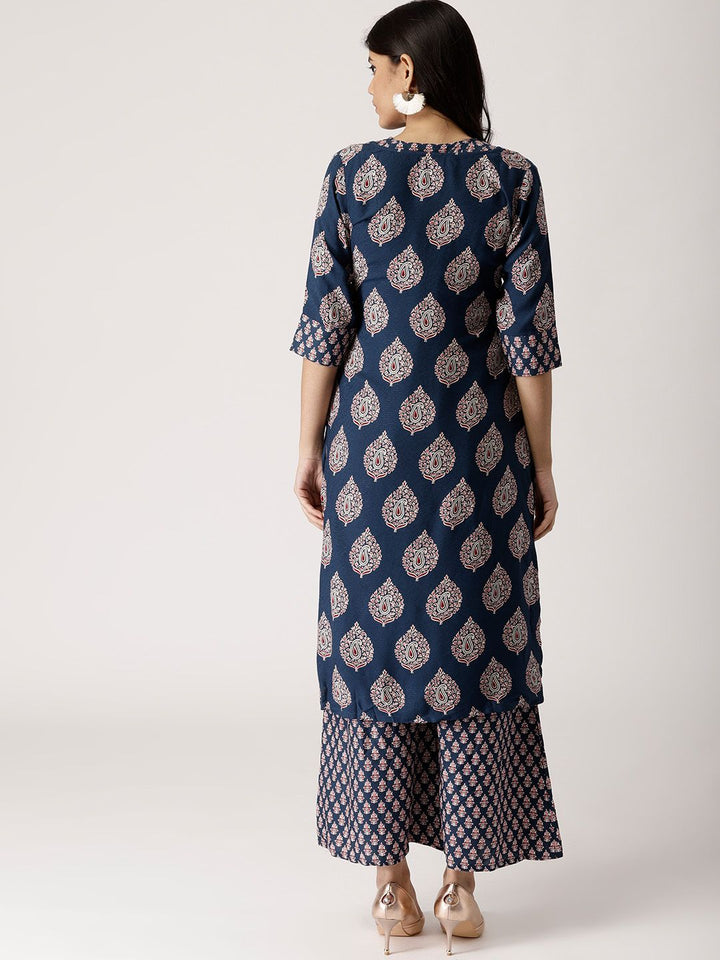 Libas Women Navy Blue & Beige Printed Kurta with Palazzos