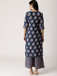 Libas Women Navy Blue & Beige Printed Kurta with Palazzos