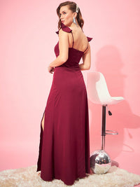 Berrylush Maroon Flutter Sleeves Cut Out Ruched Maxi Dress