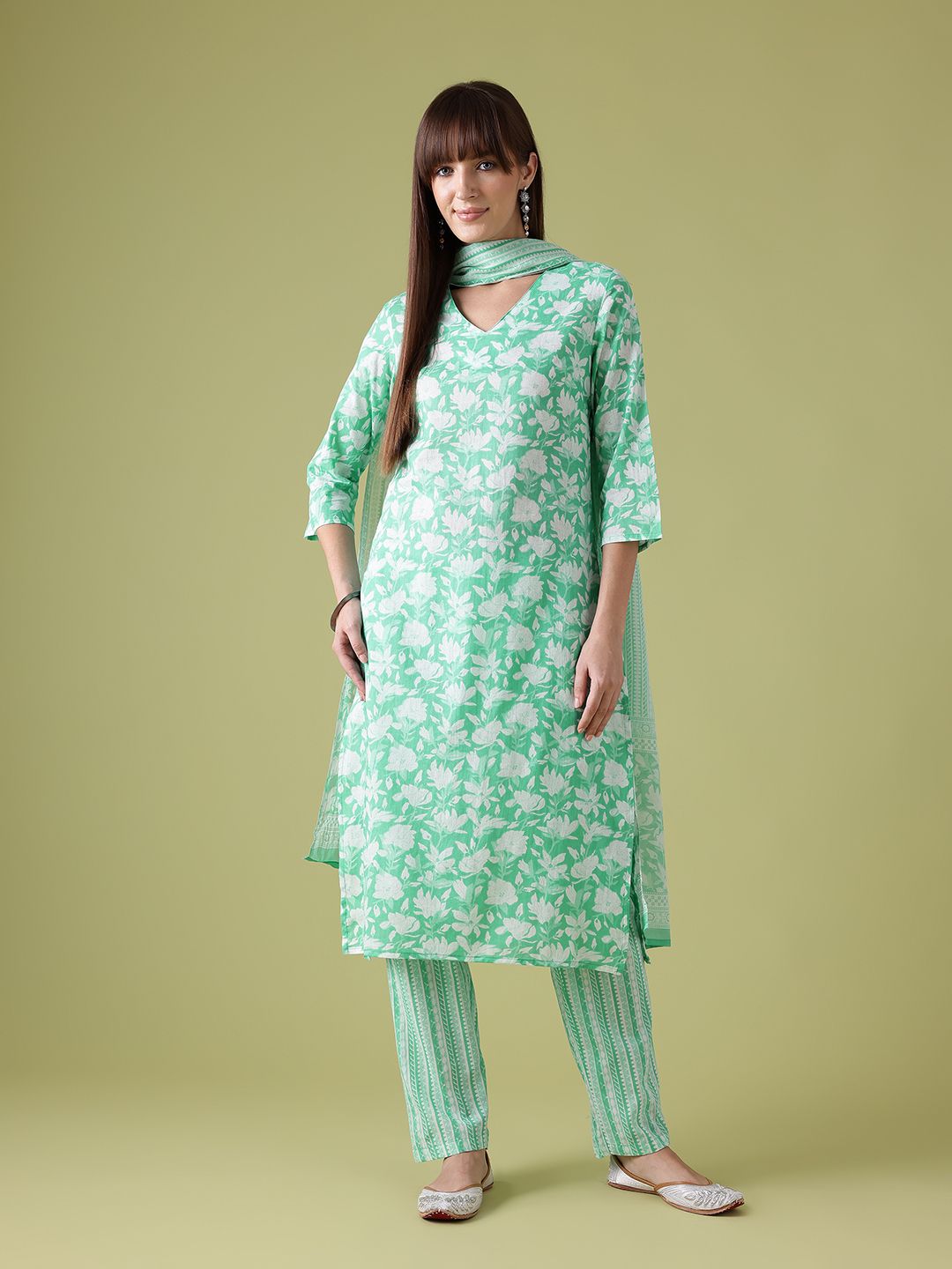 Anouk Floral Print Pure Cotton Kurta with Trousers & Dupatta
