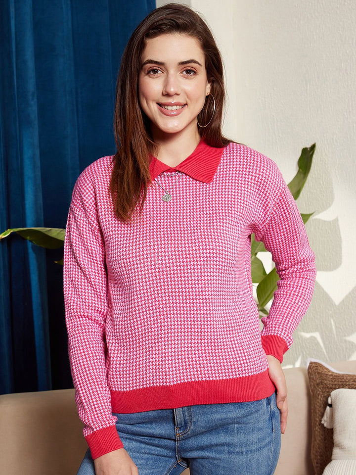 Berrylush Red & White Checked Shirt Collar Acrylic Pullover Sweater