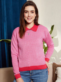 Berrylush Red & White Checked Shirt Collar Acrylic Pullover Sweater