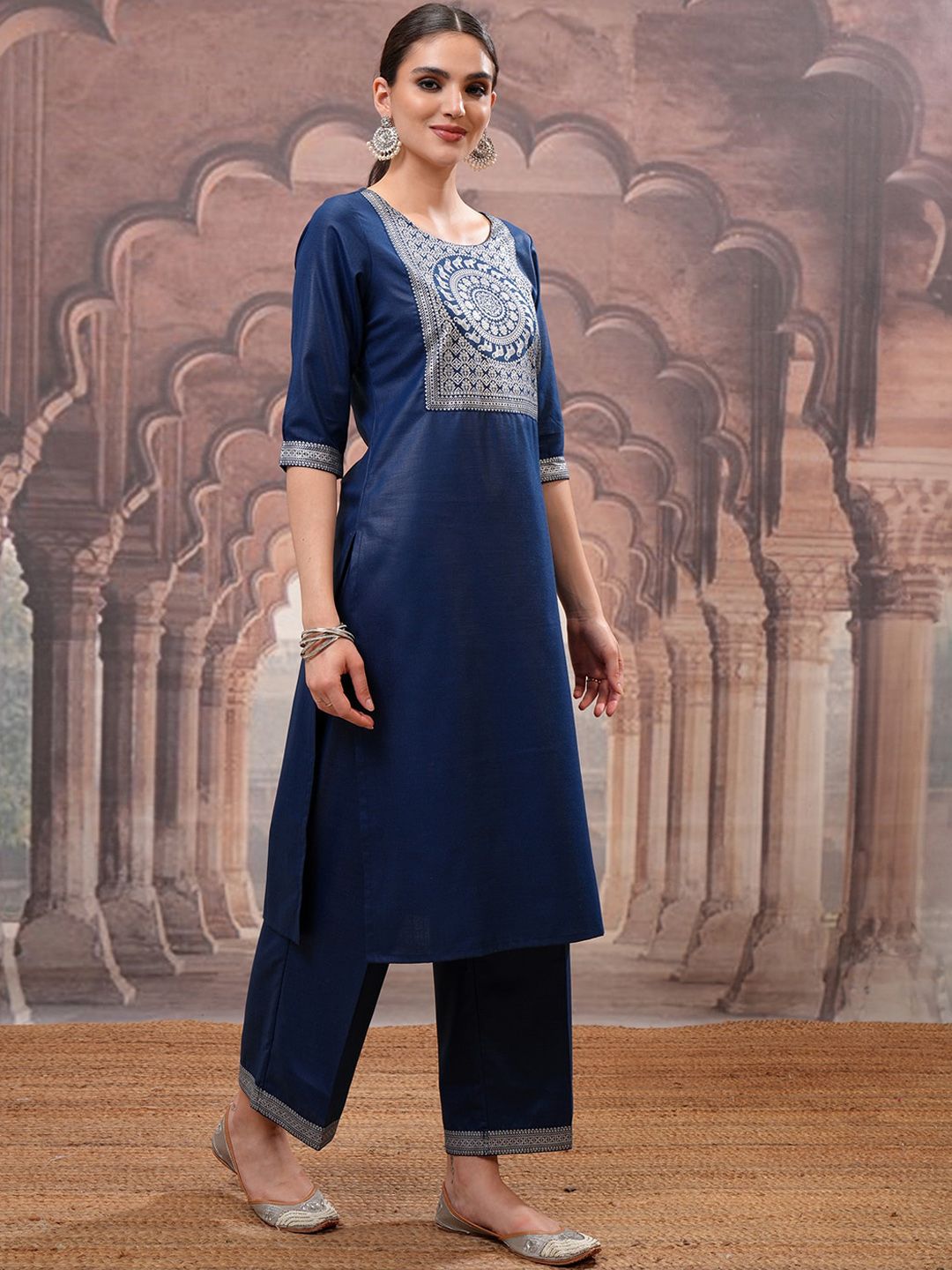 Vishudh Teal Ethnic Motifs Yoke Design Straight Kurta with Palazzo & Dupatta