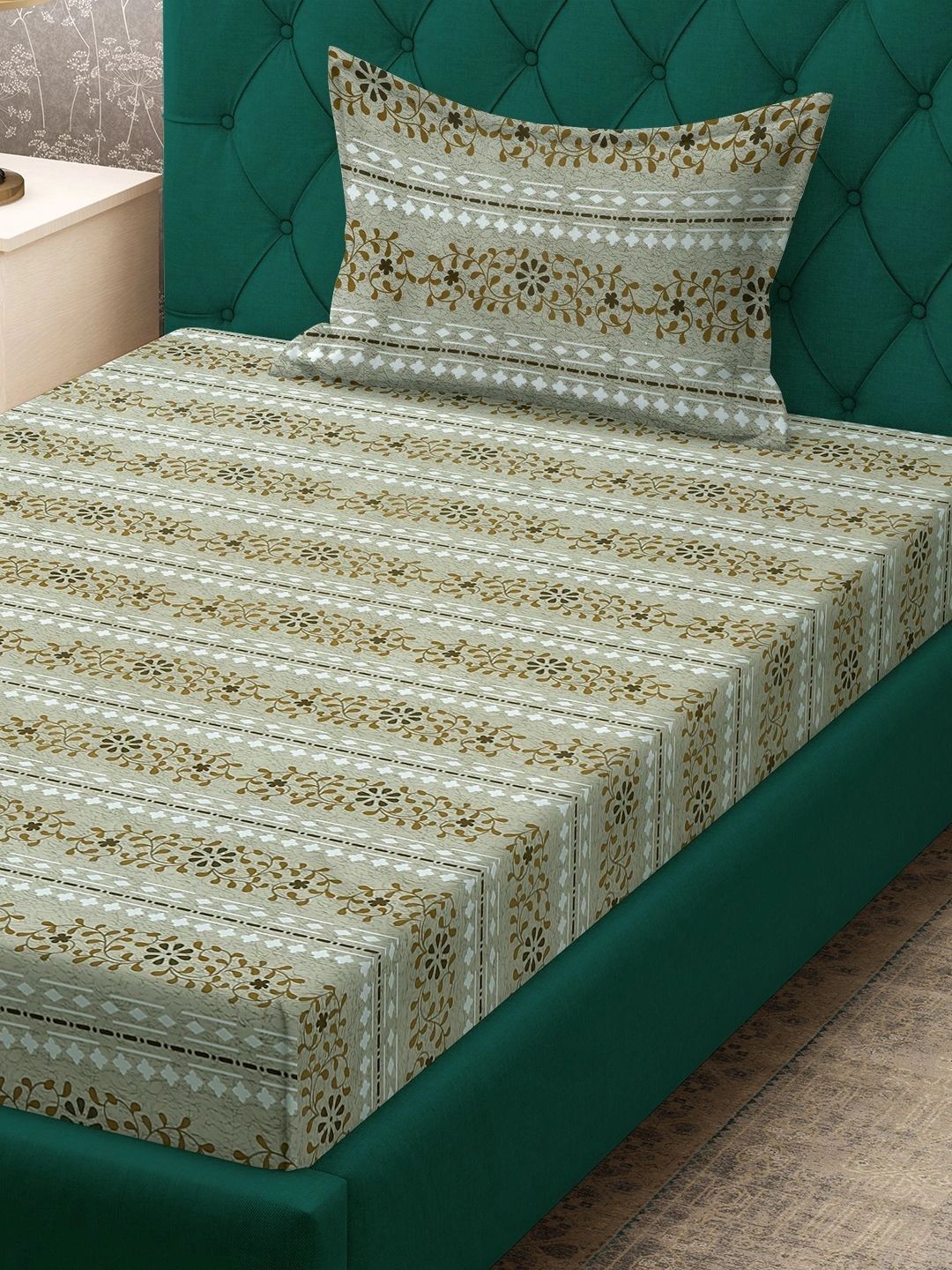 Moda Rapido X KLOTTHE Green & Brown Floral 400 TC Single Bedsheet with 1 Pillow Covers