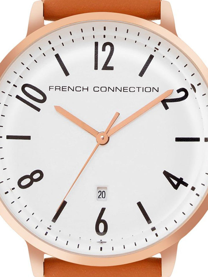 French Connection Men Embellished Dial & Leather Straps Analogue Watch FC155BR-W