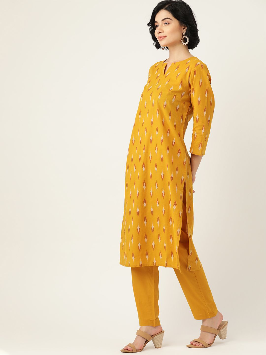 all about you Women Mustard Yellow Pure Cotton Ikat Print Kurta with Trousers & Dupatta