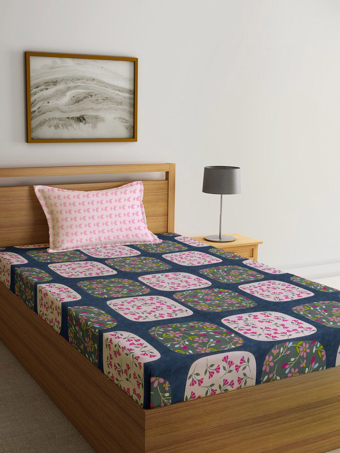 KLOTTHE Blue & Pink Printed 300TC Fitted Single Bedsheet With 1 Pillow Cover