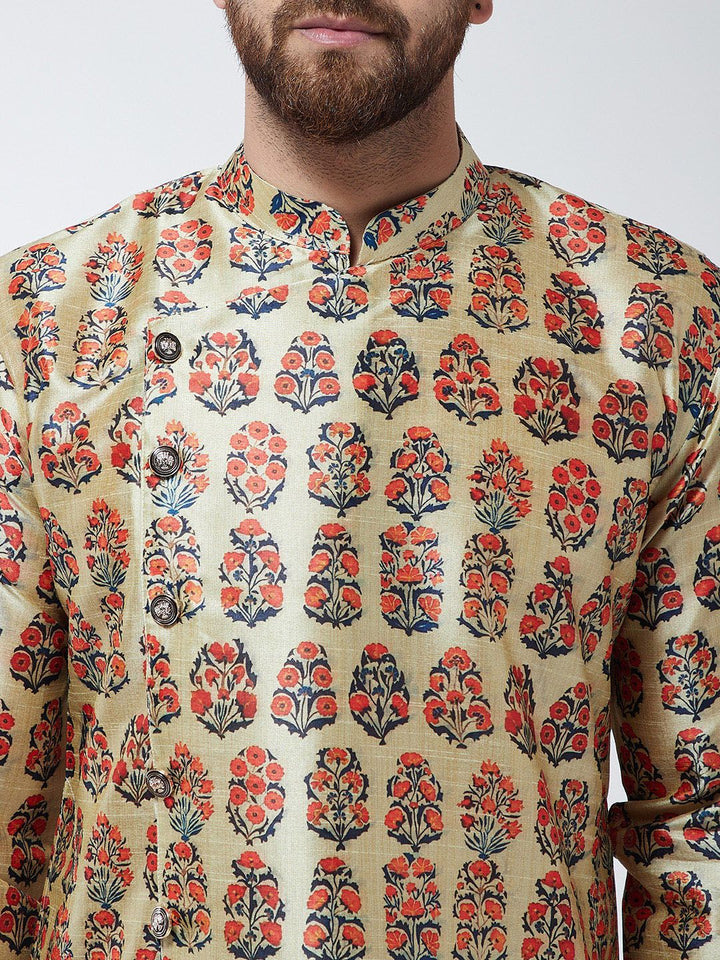 SOJANYA Men Beige & Orange Printed Straight Kurta