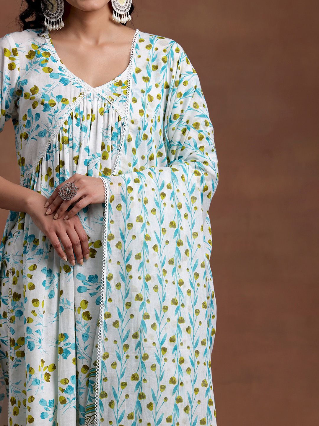 Libas V Neck Floral Printed Pleated Pure Cotton A Line Kurta with Palazzo & Dupatta