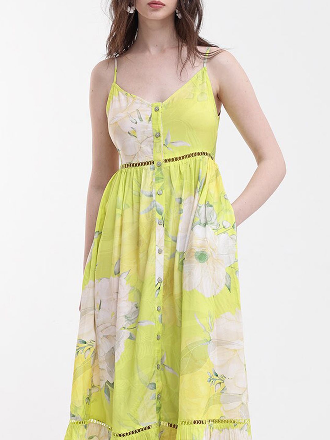 RAREISM Floral Printed Shoulder Straps Gathered Fit & Flare Midi Dress