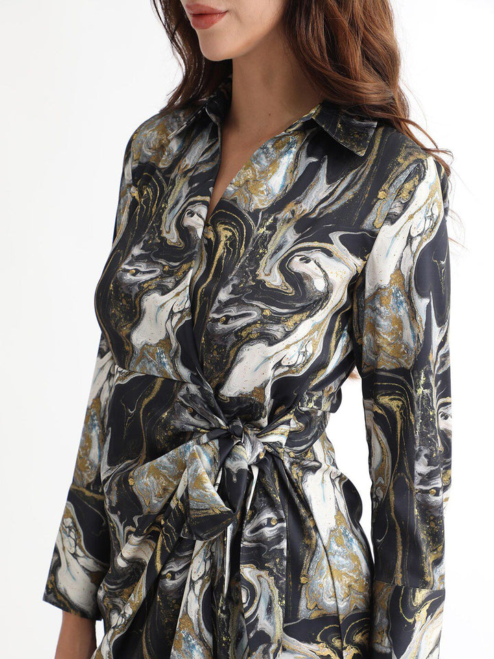 RAREISM Abstract Printed Shirt Collar Cuffed Sleeves Wrap Mini Dress