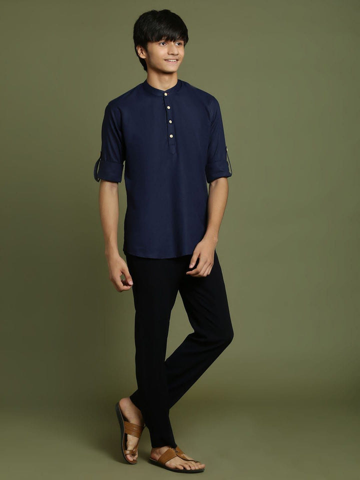 VASTRAMAY Boys Band Collar Roll-Up Sleeves Straight Kurta