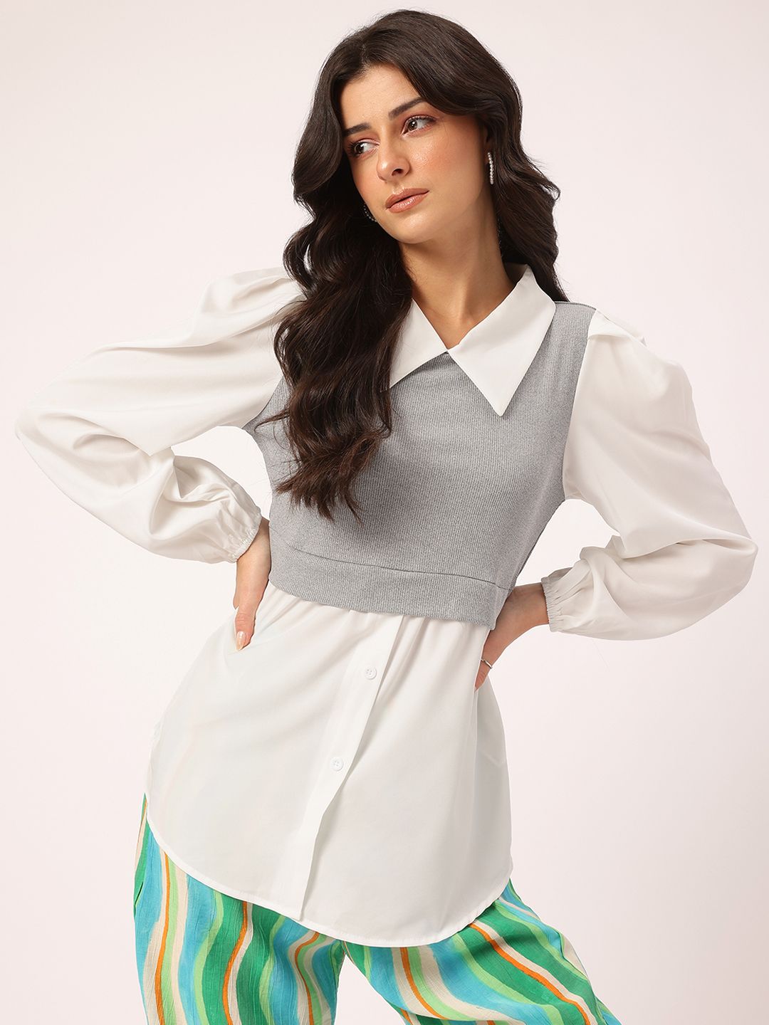 DressBerry Sleek & Simple Layered Detail Puff Sleeves Shirt-Style Longline Top