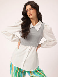 DressBerry Sleek & Simple Layered Detail Puff Sleeves Shirt-Style Longline Top