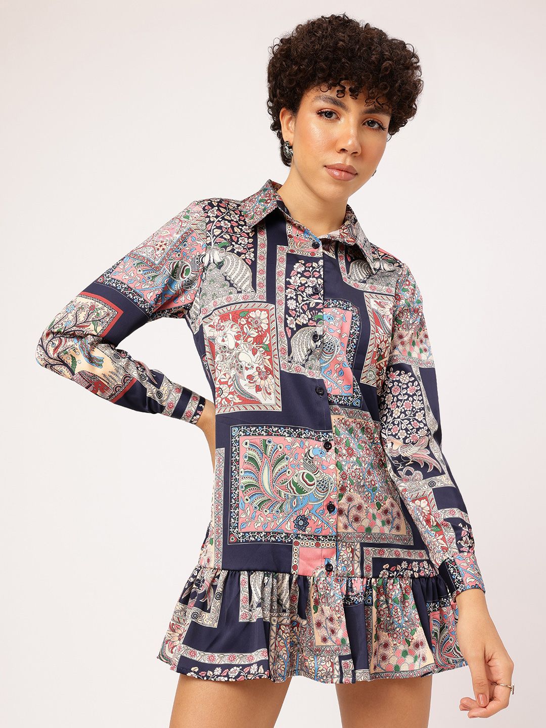 DressBerry Paisley Frames Flounce Hem Shirt-Style Mini Dress
