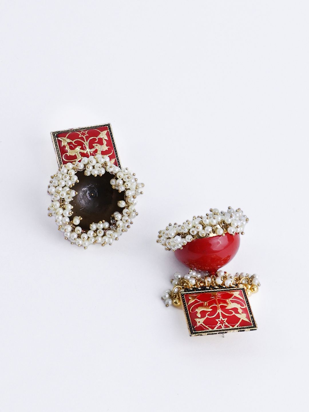 PANASH Gold-Plated Red & White Pearls Jhumka Earrings