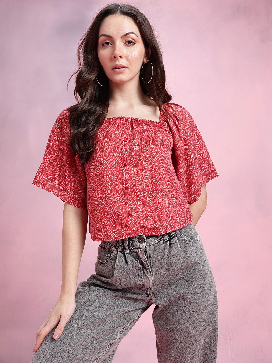 DressBerry Abstract Print Puff Sleeves Square Neck Button-Up Top