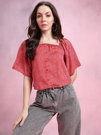 DressBerry Abstract Print Puff Sleeves Square Neck Button-Up Top