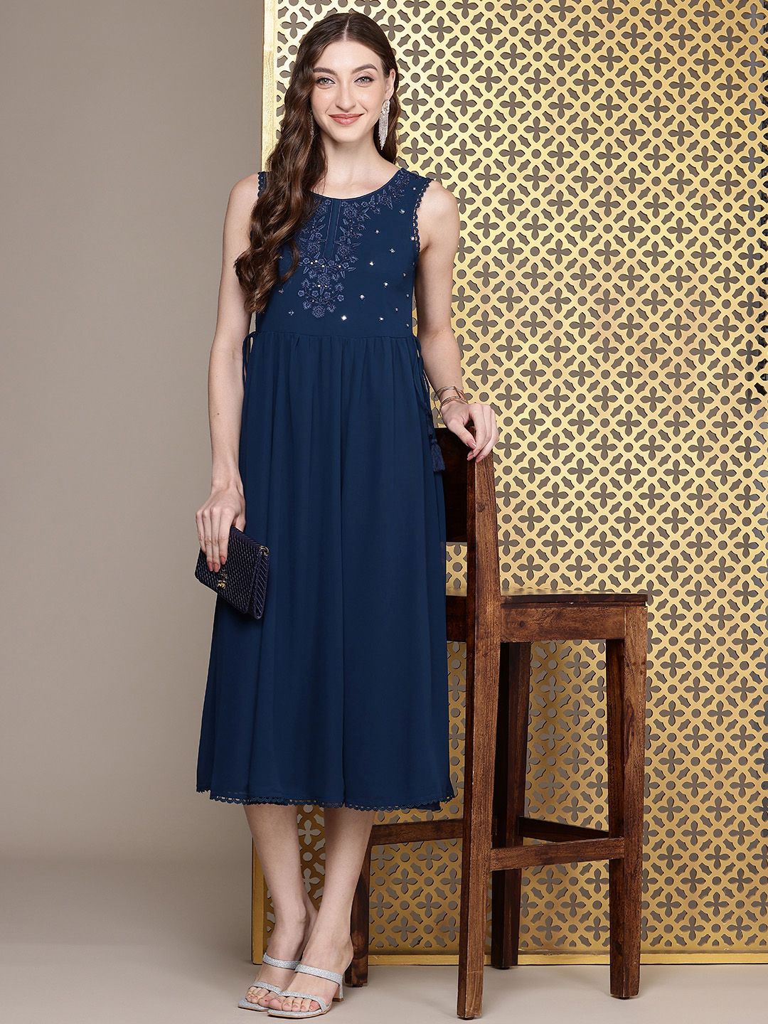 House of Pataudi Floral Embroidered A-Line Midi Jashn Dress