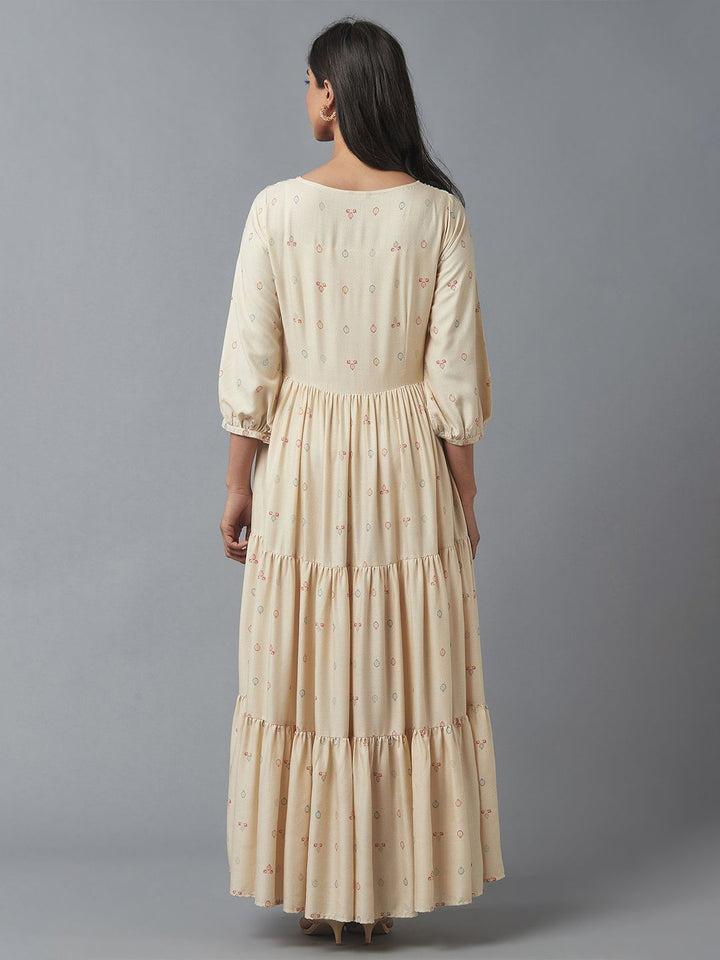 W Beige & Maroon Ethnic Motifs Maxi Dress