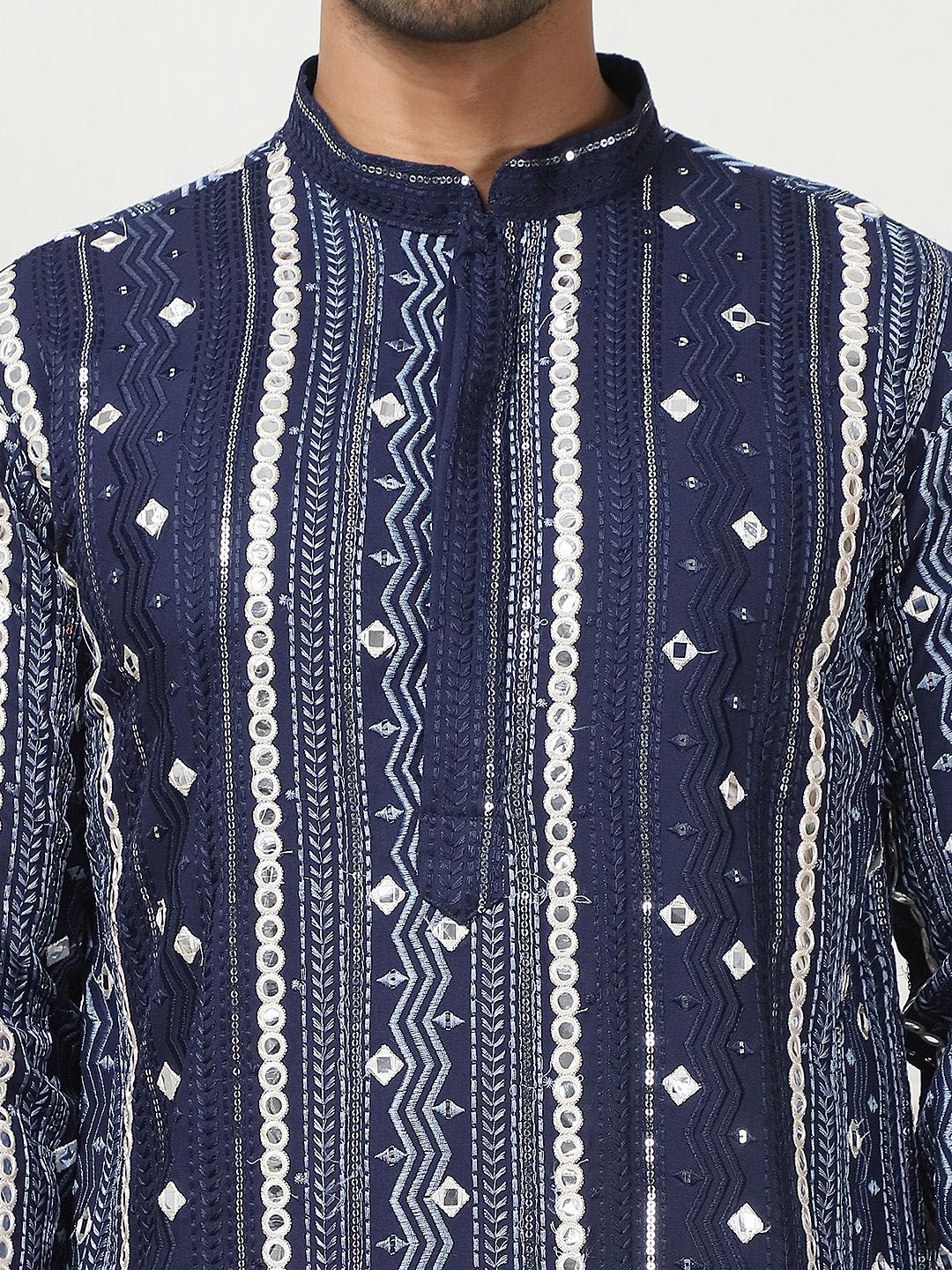 Anouk Embroidered Mandarin Collar Mirror Work Cotton Silk Straight Kurta With Pyjamas