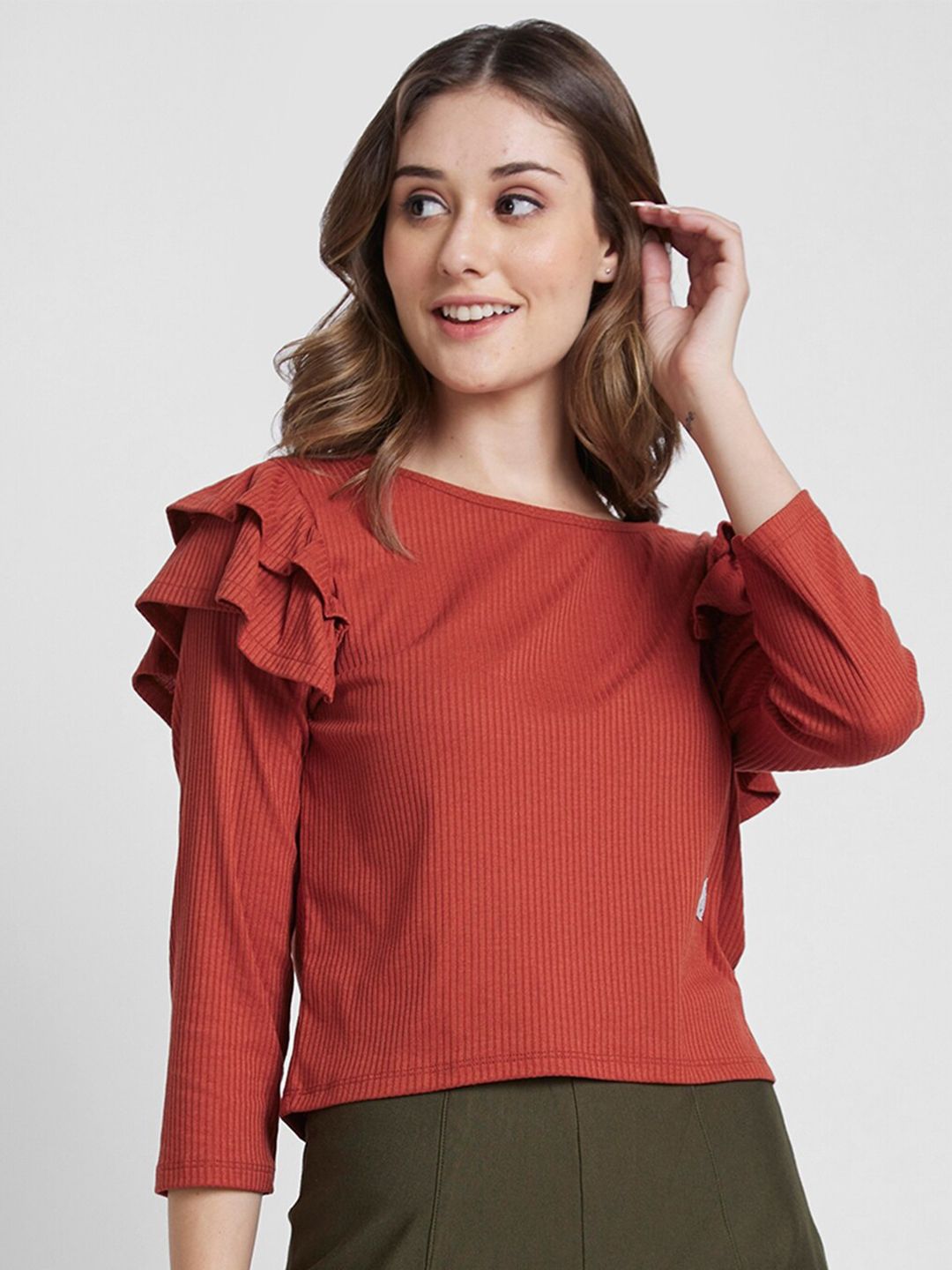 SPYKAR Self Design Boat Neck Ruffles Detail Cotton Top