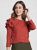 SPYKAR Self Design Boat Neck Ruffles Detail Cotton Top