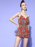 Berrylush Women Red & Green Floral Print Playsuit