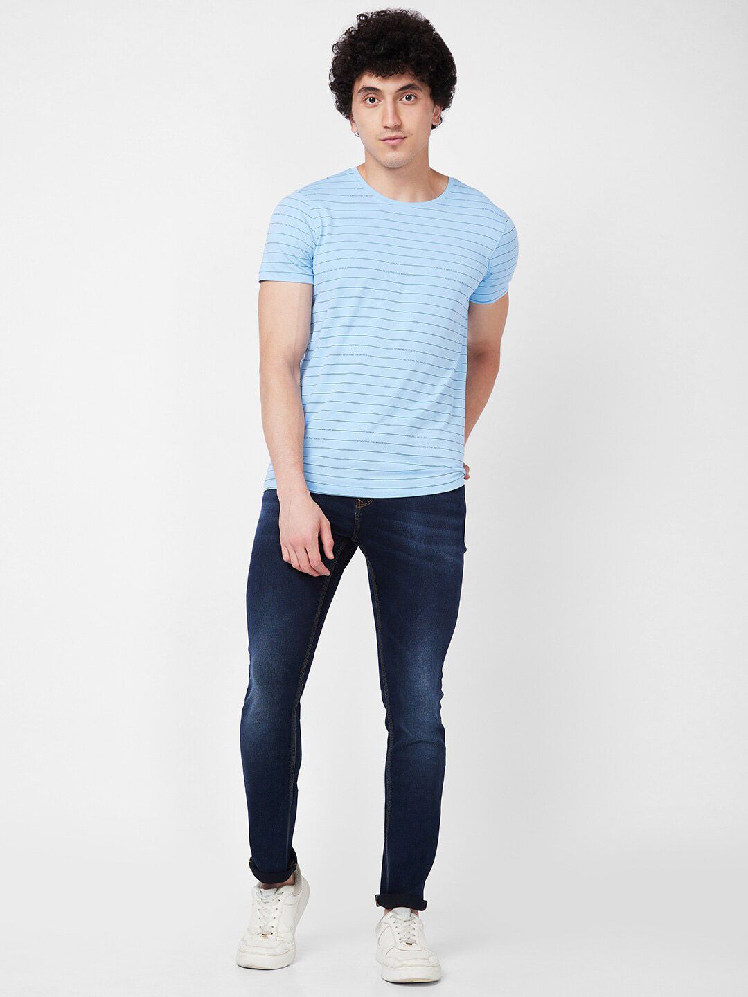 SPYKAR Round Neck Short Sleeves Striped Slim Fit Cotton T-shirt
