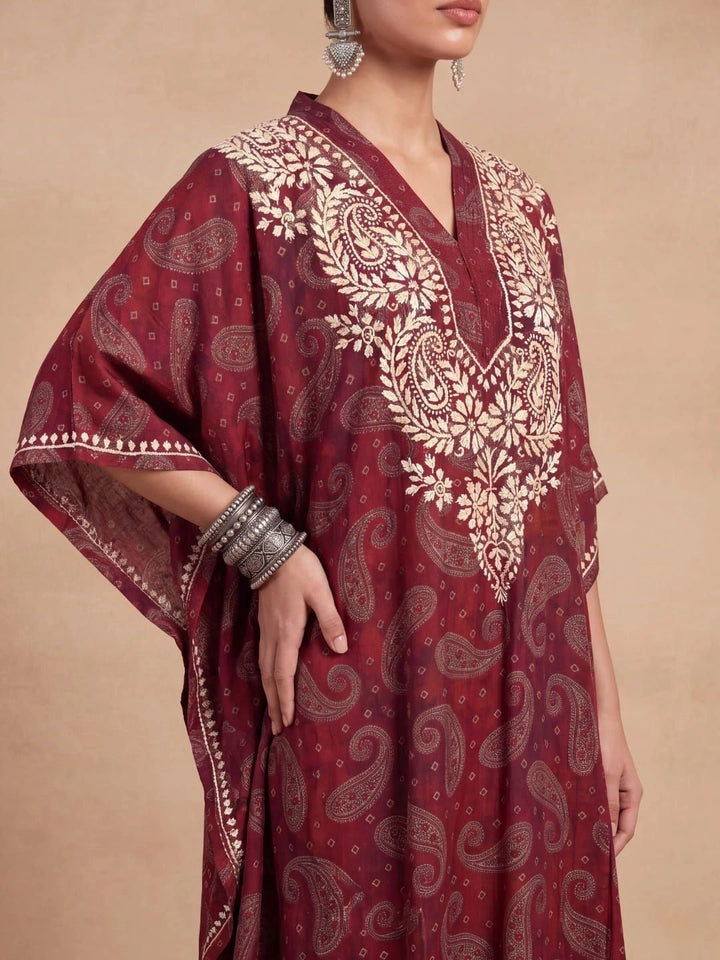 House of Chikankari Women Paisley Printed Thread Work Crepe Kaftan Kurta