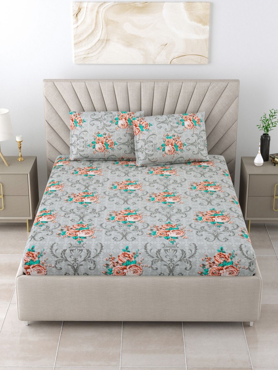 BOMBAY DYEING Dream Lover Grey Floral Printed Cotton 104TC Queen Bedsheet Set 2.54 x 2.24m