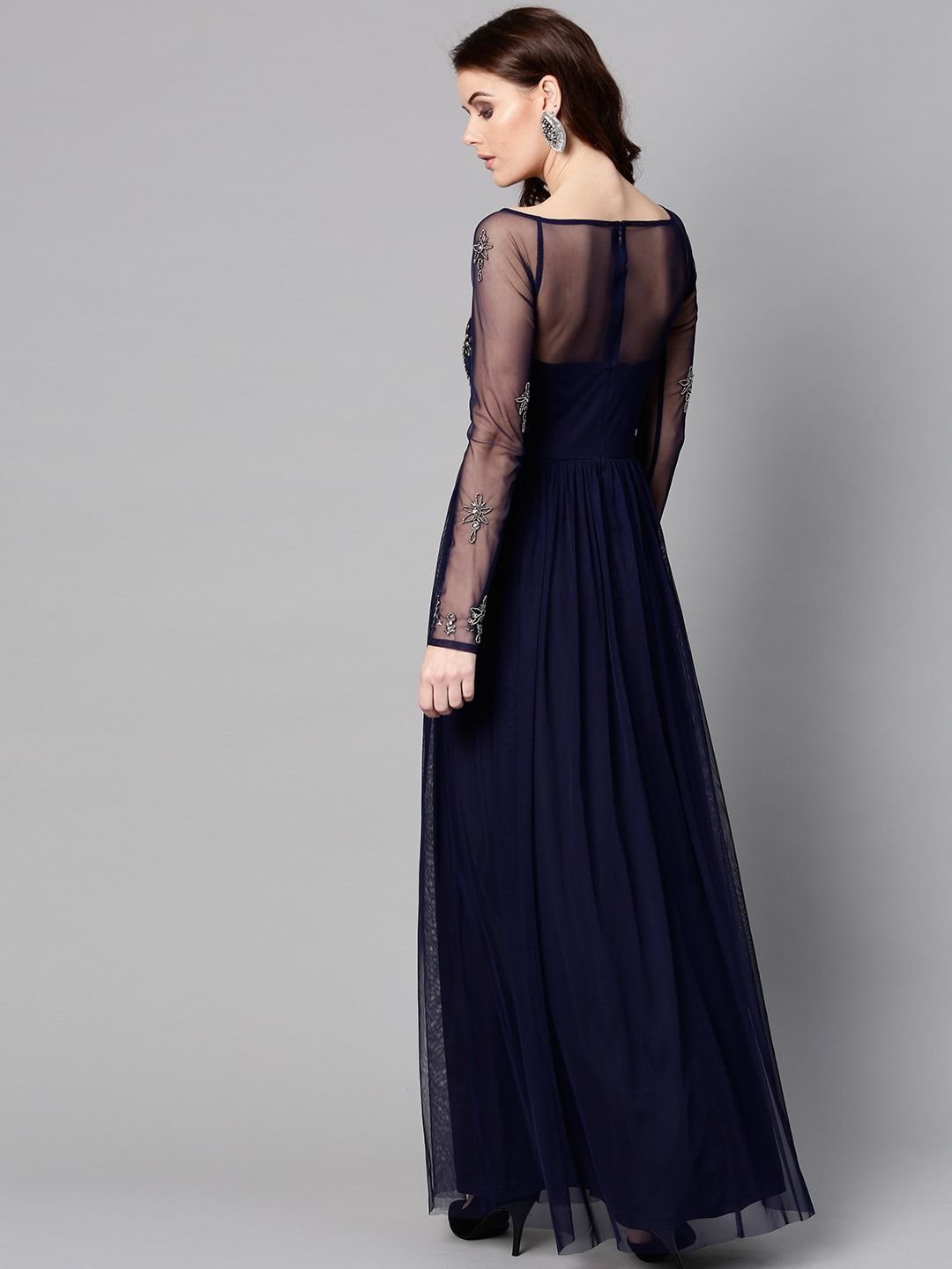STREET 9 Women Navy Blue Embellished Detail Net Maxi Dress