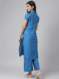 AURELIA Women Blue Checked Keyhole Neck Kurta