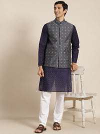 SOJANYA Lelaki Navy Blue Ethnic Chikankari Pure Cotton Kurta with Churidar & Nehru Jacket