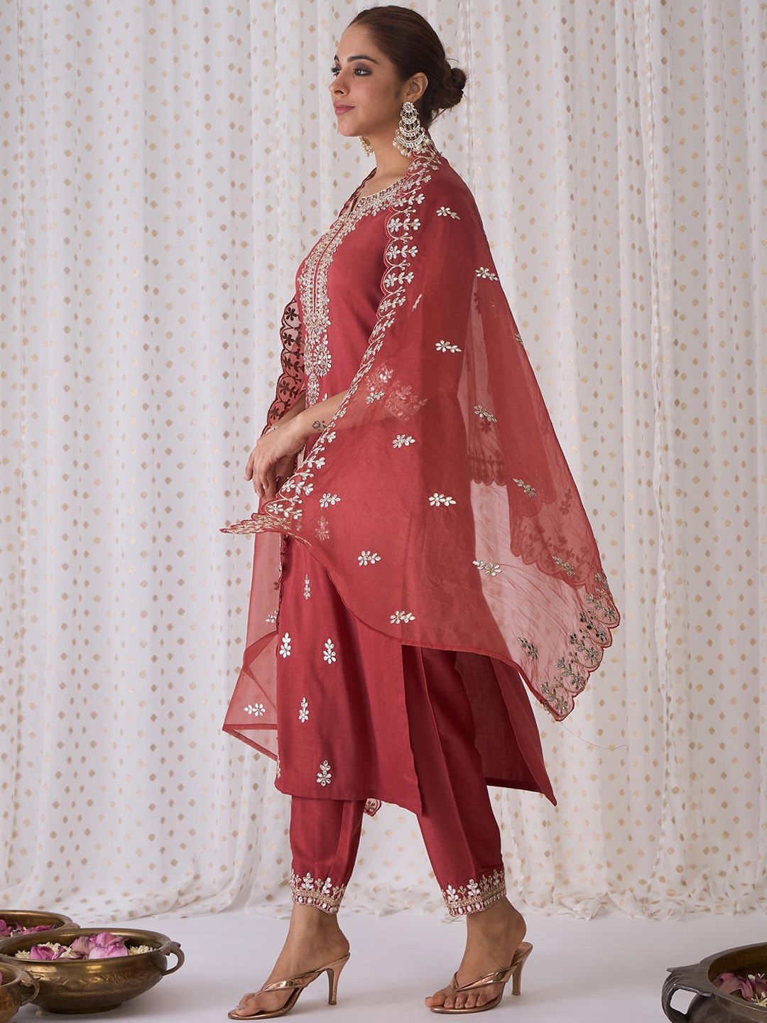 Indo Era Ethnic Motifs Embroidered Notched Neck Straight Kurta with Trousers &  Dupatta